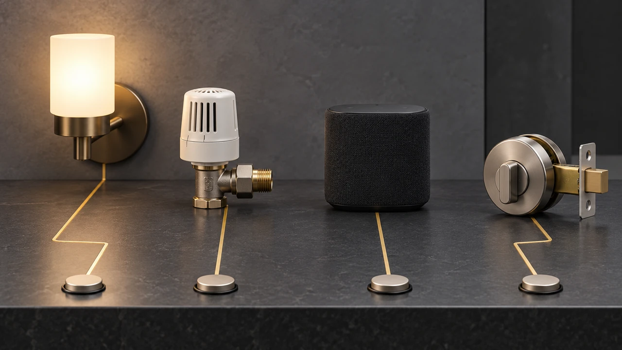 CGI parts display with a wall light, radiator valve, speaker, and deadbolt, each connected by a yellow inlay to its own physical button.
