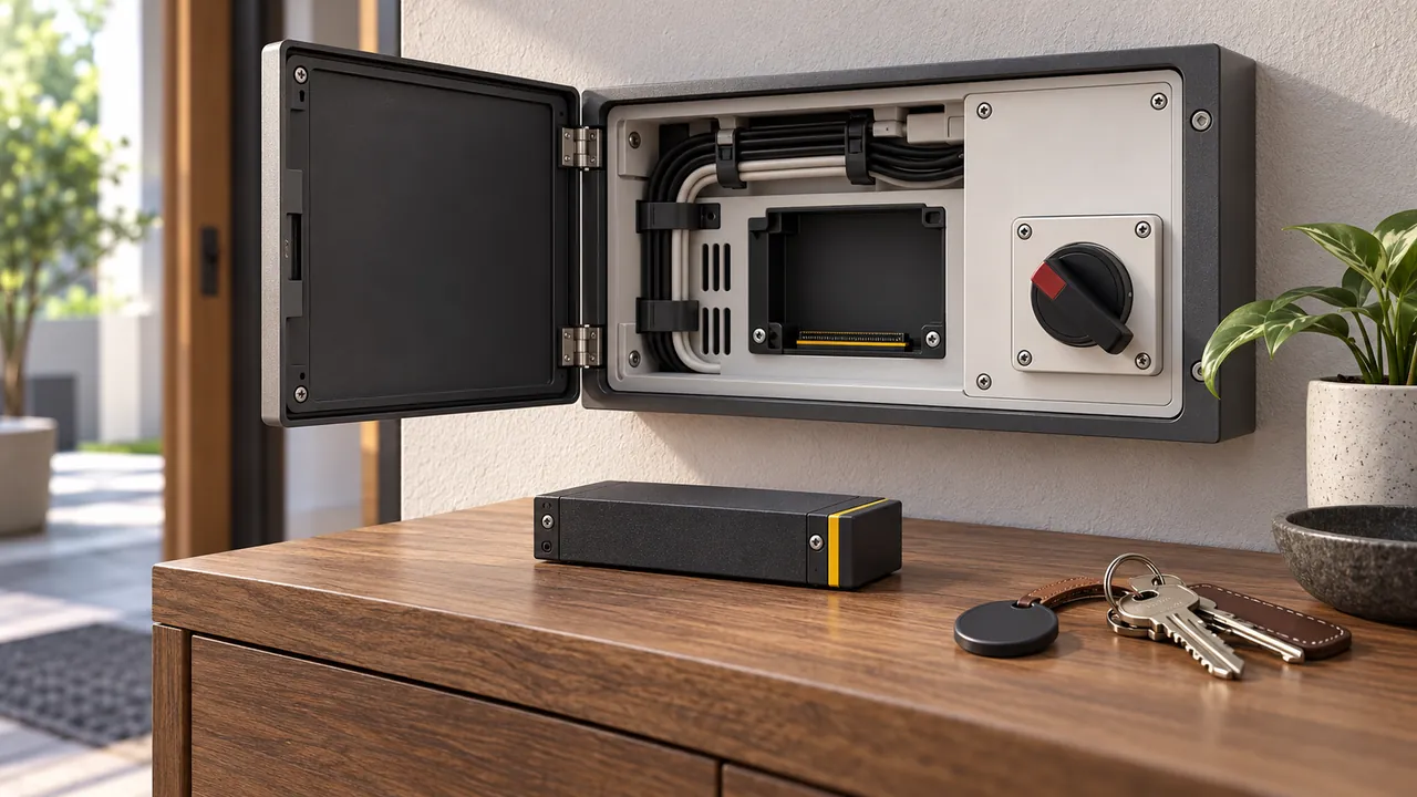 CGI open service enclosure with an empty memory socket and a mechanical disconnect, with the removed cassette, access token, and keys on the shelf below.