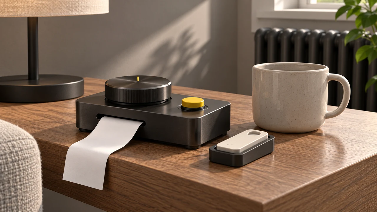 CGI proposed explanation control with a rotary dial, stop button, blank paper receipt, and removable guest token on a side table beside a mug.