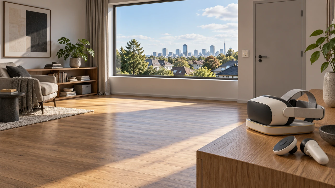 CGI multipurpose room with a docked headset and two controllers, open floor space, a closed door and physical wall control, with neighborhood roofs and a skyline beyond the window.