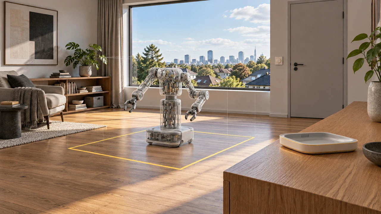 CGI concept of the same room seen through a headset, with a translucent robot service model inside a marked floor boundary; no physical robot or person occupies the room.