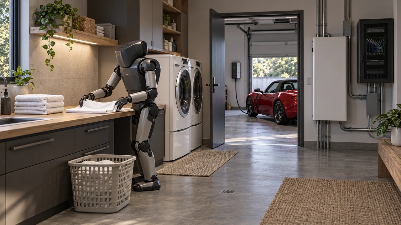 CGI utility room with one robot folding a towel, a red first-generation Roadster charging in the adjacent garage, and a separate home battery and network cabinet.