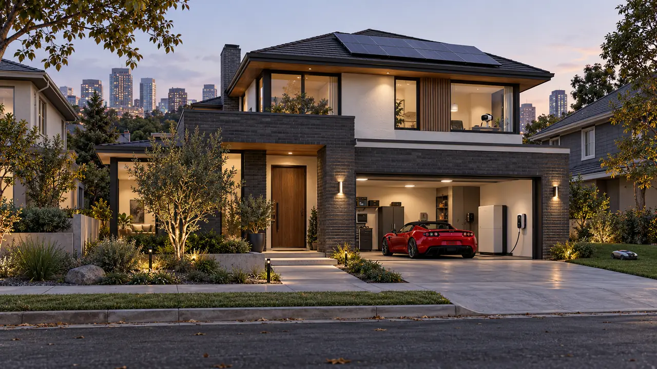 Person-free CGI view of a lived-in house near a city at dusk, with rooftop solar, a red first-generation Roadster in the garage, home energy equipment, and a small robotic mower at the neighboring lawn edge.