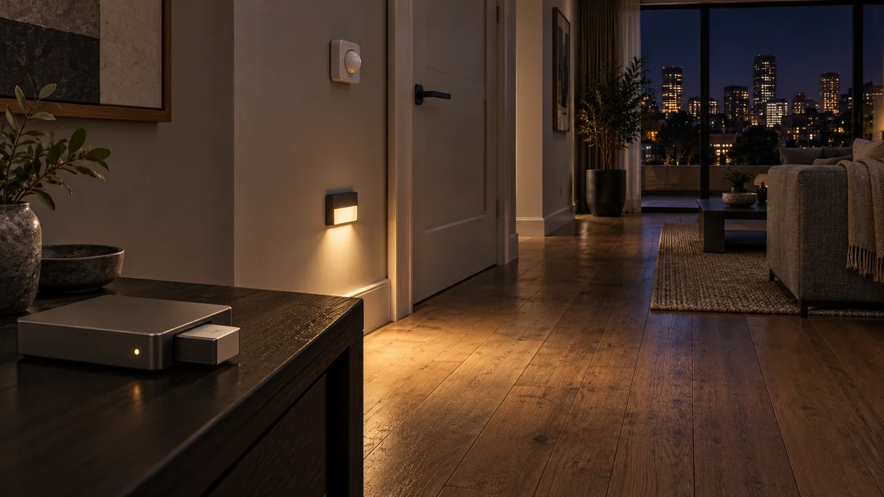 CGI empty hallway at night with a low path light, wall sensor, and a local controller with a removable memory module on the side table.