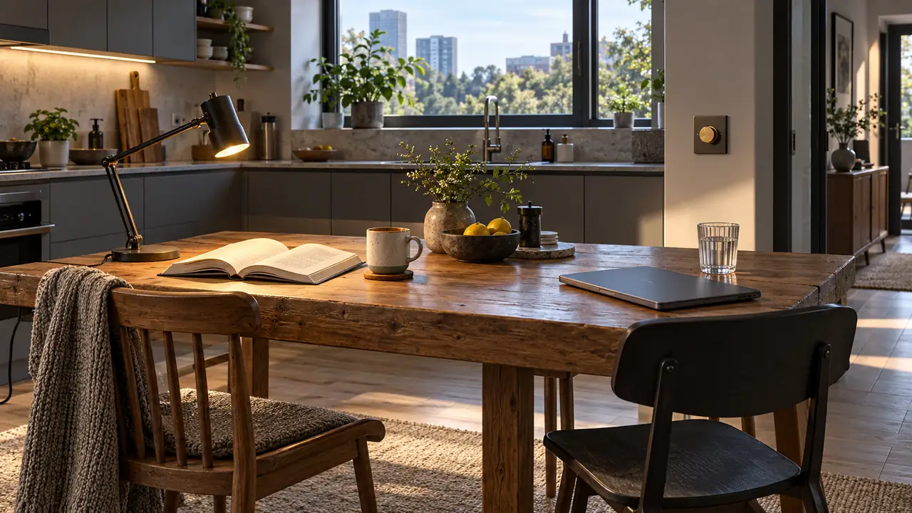 CGI kitchen with two different chairs, an open book and warm task lamp at one place, a closed laptop and water glass at the other, and a shared wall dimmer.
