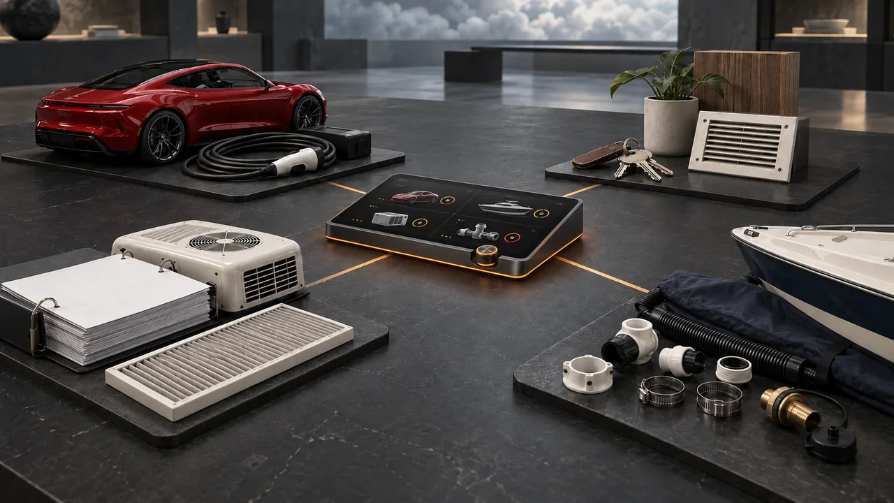 CGI object table: a sports car, condo keys and vent, an RV air conditioner and records, and boating equipment arranged around a glass control console with a physical dial and orange-lit edge.