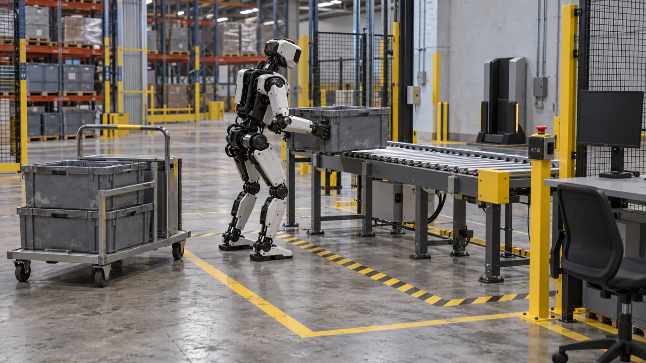 CGI warehouse work cell with one bipedal robot moving a gray tote from a mobile cart to a conveyor; a charging dock, emergency stop, safety markings, and an empty operator station remain visible.